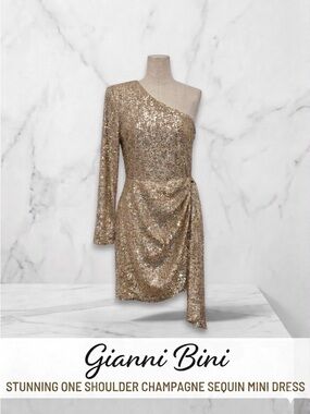GIANNI BINI Stunning One Shoulder Champagne Sequin Mini Dress Size 0